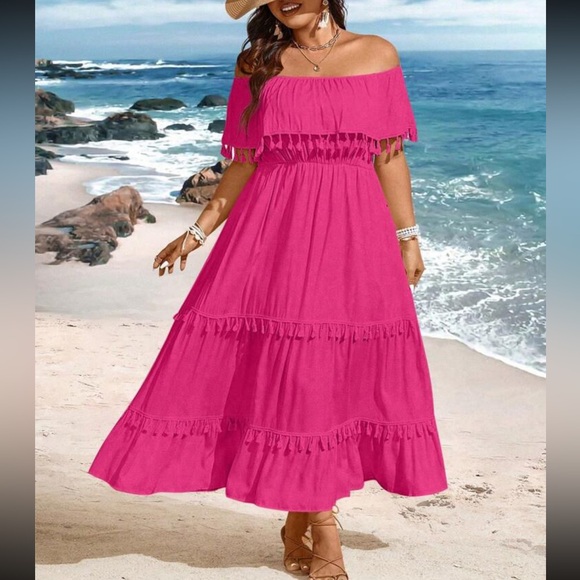Boho plus size off shoulder tassel detail maxi dress - Picture 14 of 16